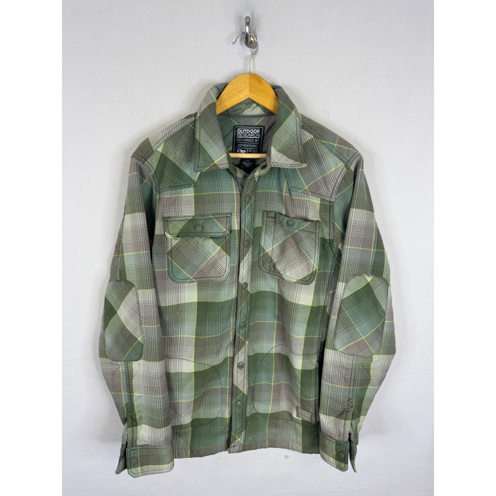 Outdoor Research Mens Green Plaid Sherpa Lined Flannel Shirt Jacket Large